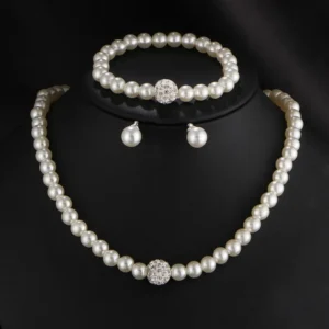 Conjunto de joias de Pérolas 3 peças vintage para Mulheres com Colar, Pulseira, Brinco