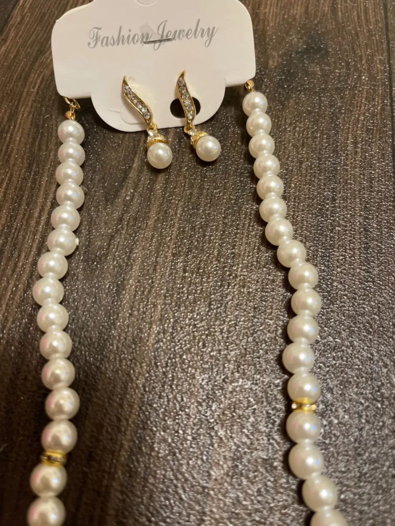 Conjunto de joias femininas de 2 peças, colar dourado + 1 par de brincos, pérola - Imagem 13